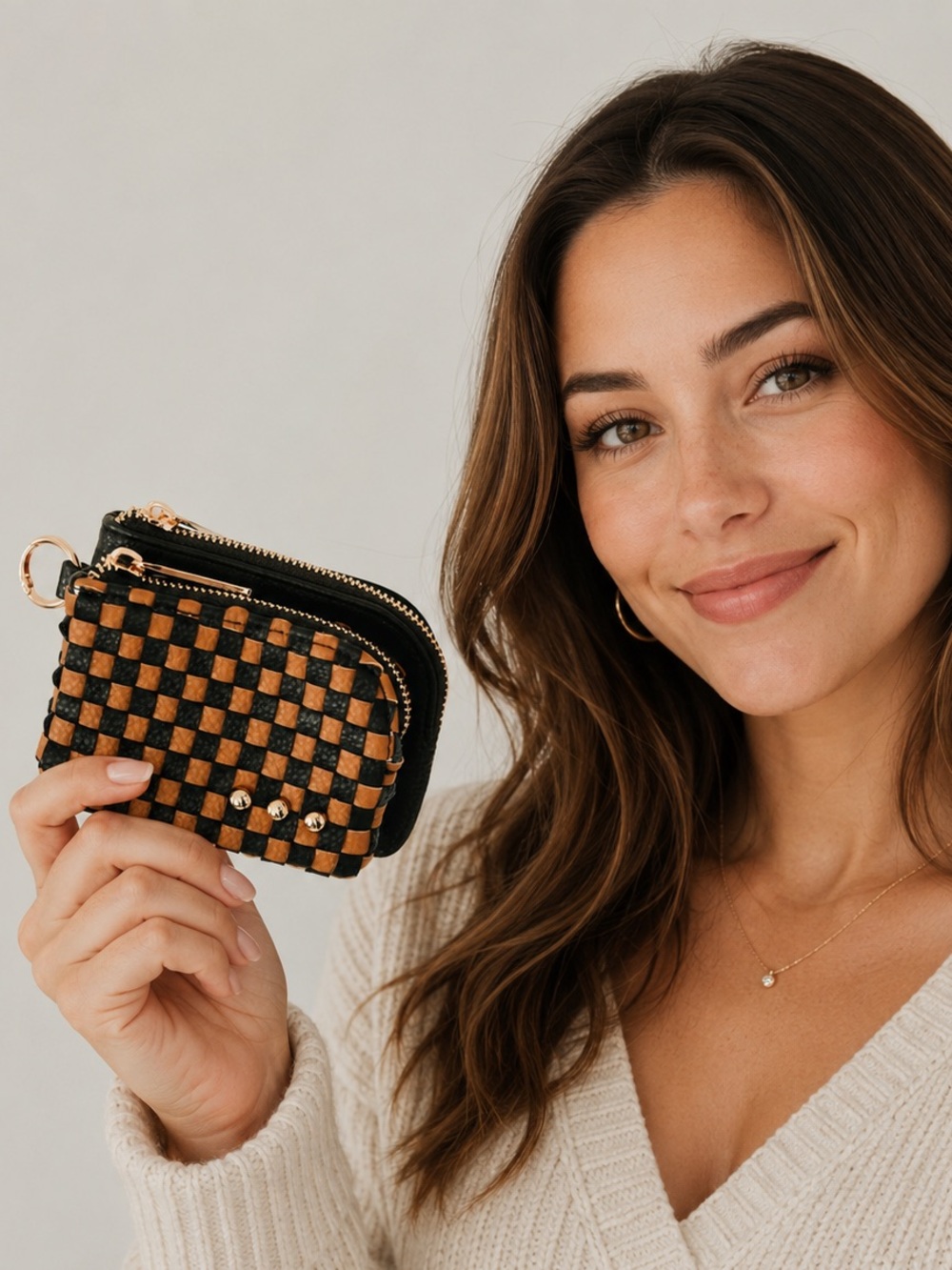 Pretty Simple Woven Cameron Double Zip Clippable Card Wallet Vegan Leather